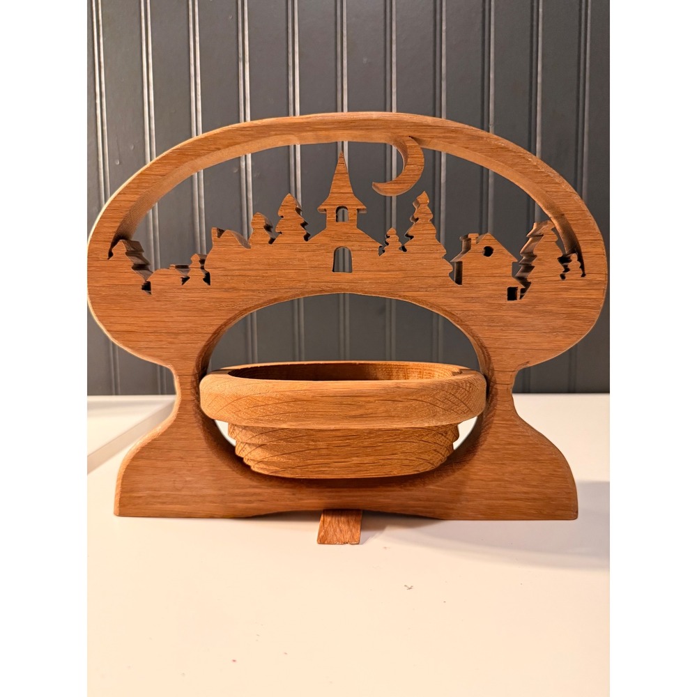 Handmade Wooden Collapsible Basket Village Scene Fretwork Trivet Bowl 9.5 Inch